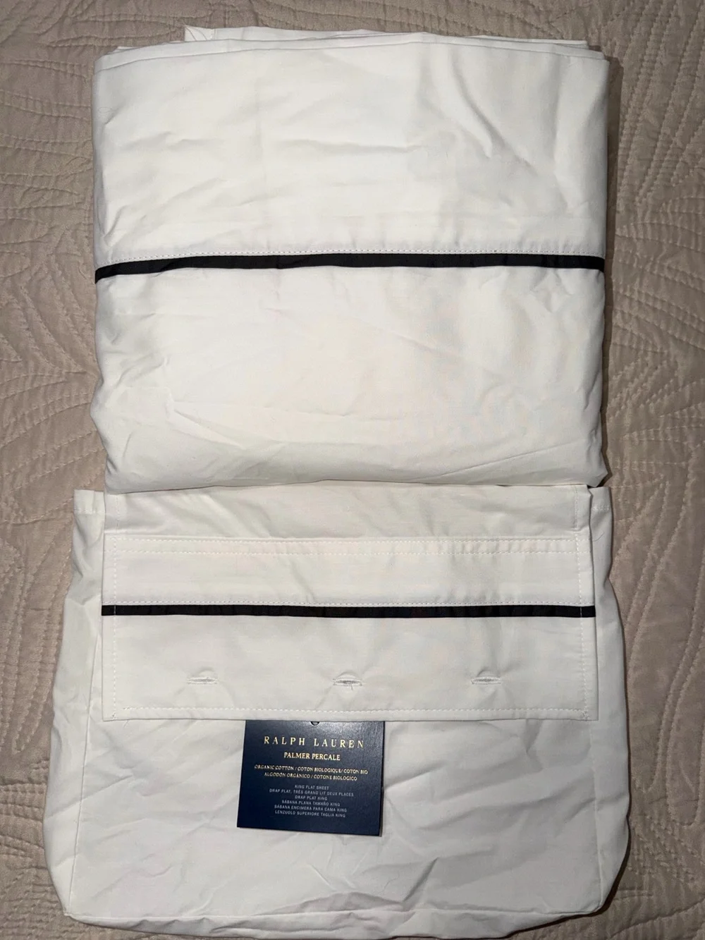 Ralph Lauren White Flat Sheet with Navy Piping